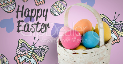 Happy Easter text with Easter eggs in front of pattern