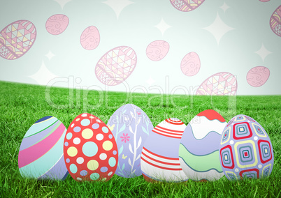 Easter eggs on grass with pattern