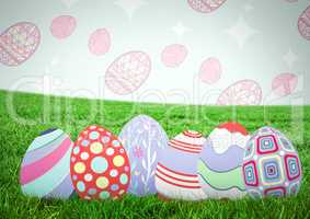 Easter eggs on grass with pattern