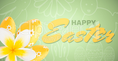 Yellow and green type and yellow flower and eggs against green easter pattern