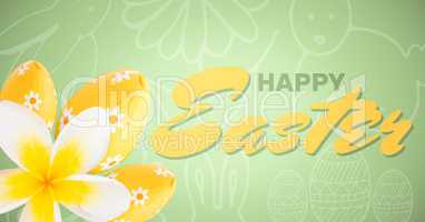 Yellow and green type and yellow flower and eggs against green easter pattern