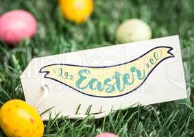 Eggs in grass with label and easter graphic