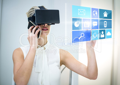 Woman wearing VR Virtual Reality Headset with Interface with phone