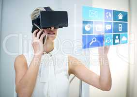 Woman wearing VR Virtual Reality Headset with Interface with phone
