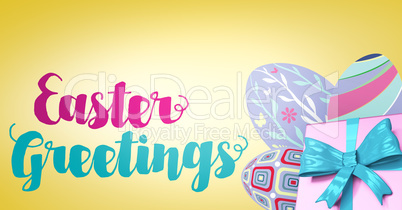 Pink and blue type and pink gift and purple eggs against yellow background