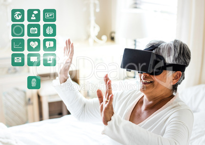 Older Woman wearing VR Virtual Reality Headset with Health Medical Interface