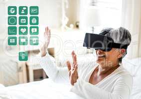 Older Woman wearing VR Virtual Reality Headset with Health Medical Interface