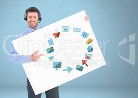 Man wearing headset holding card with online business graphics drawings