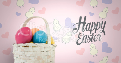 Happy Easter text with Easter eggs in basket in front of pattern