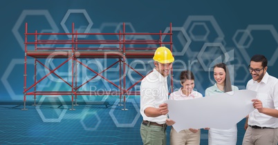A group of architects looking a blueprint and 3D scaffolding with blue background