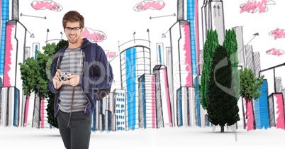 Digital composite image of traveler with camera against buildings