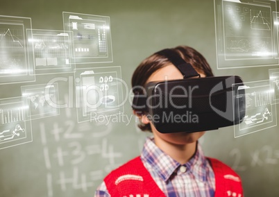 Boy in front of blackboard wearing VR Virtual Reality Headset with Interface