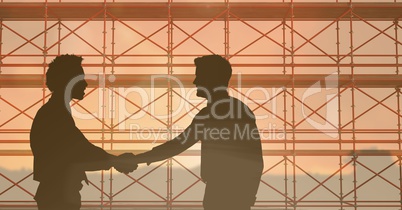 Business mans striking a bargain in front of 3D scaffolding