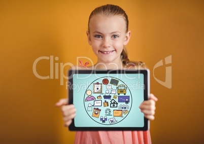 Kid against yellow wall holding tablet showing school doodles and blue background