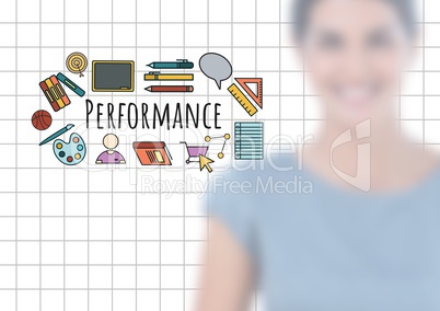 Blurred woman and Performance text with drawings graphics