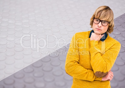 Man with glasses thinking with split textured background