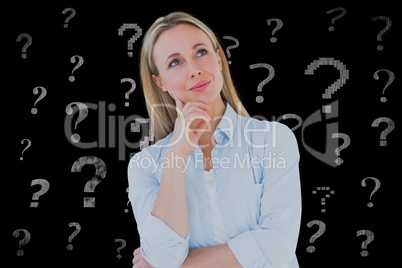 Confused woman with question mark background