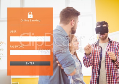 Man wearing VR Virtual Reality Headset with Bank Login Online Interface