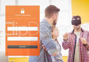 Man wearing VR Virtual Reality Headset with Bank Login Online Interface