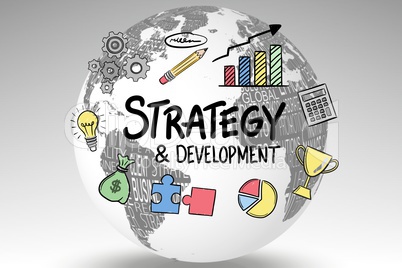 Icons surrounding strategy and development text on globe