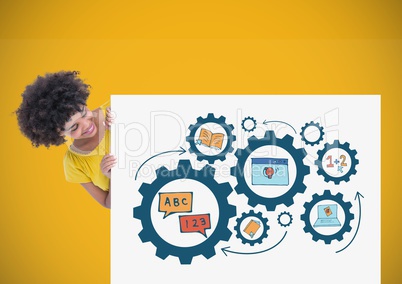 Woman holding card with education icons gears learning graphics drawings