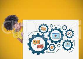 Woman holding card with education icons gears learning graphics drawings