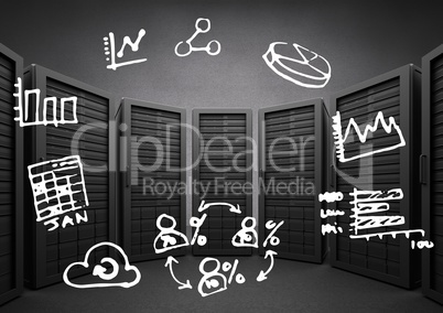 Black servers with white business doodles against grey wall