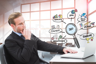 Digitally generated image of businessman using laptop in office