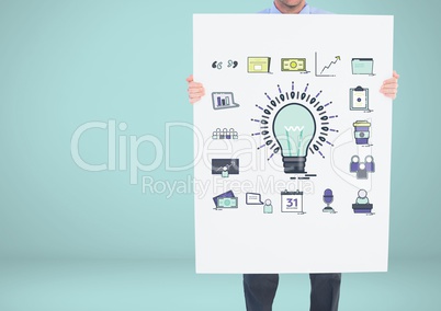 Man holding card with idea with bulb and business graphic drawings