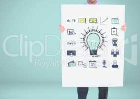 Man holding card with idea with bulb and business graphic drawings