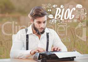 Man on typewriter with Blog text with drawings graphics