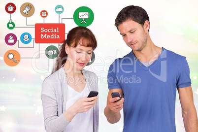 Man and woman using social sites on smart phones