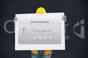 Carpenter holding placard with computer screen showing contact us message