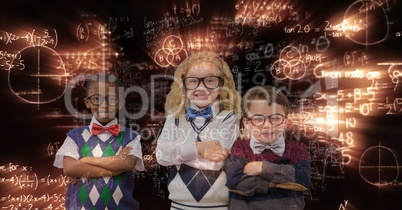 Happy school children standing arms crossed against glowing equations