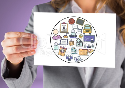 Woman holding card with creative business graphic drawings