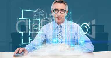 Digital composite image of businessman using futuristic screen