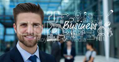 Confident businessman with text and icons