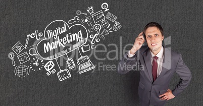 Confused businessman with digital marketing text in cloud by signs