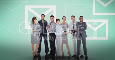 Business team standing against message background