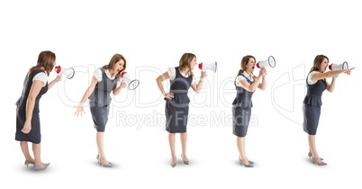 Multiple image of businesswoman screaming in megaphone