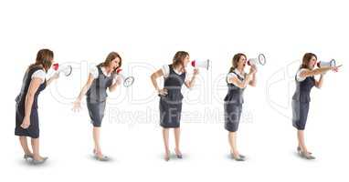 Multiple image of businesswoman screaming in megaphone