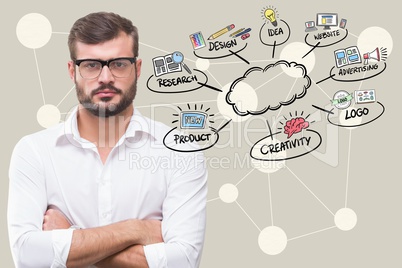 Digital composite image of businessman with arms crossed by icons surrounding cloud