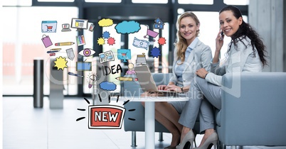 Digital composite image of businesswomen with technologies sitting by new idea icons