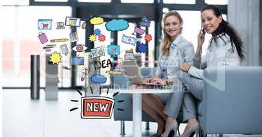 Digital composite image of businesswomen with technologies sitting by new idea icons