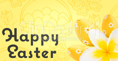 Grey type and yellow flower and eggs against yellow easter pattern