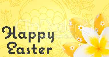 Grey type and yellow flower and eggs against yellow easter pattern