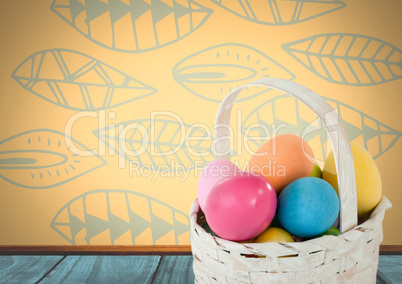 Easter eggs in basket in front of pattern