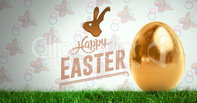 Happy Easter text with Easter egg in front of pattern