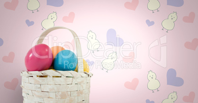 Easter eggs in basket in front of pattern