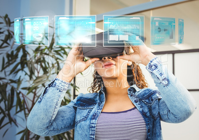 Woman wearing VR Virtual Reality Headset with Interface